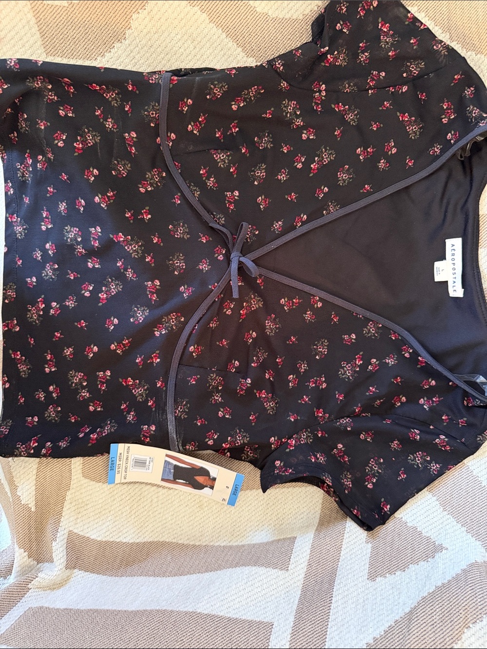 Aeropostale Black Floral Tie-Front Blouse